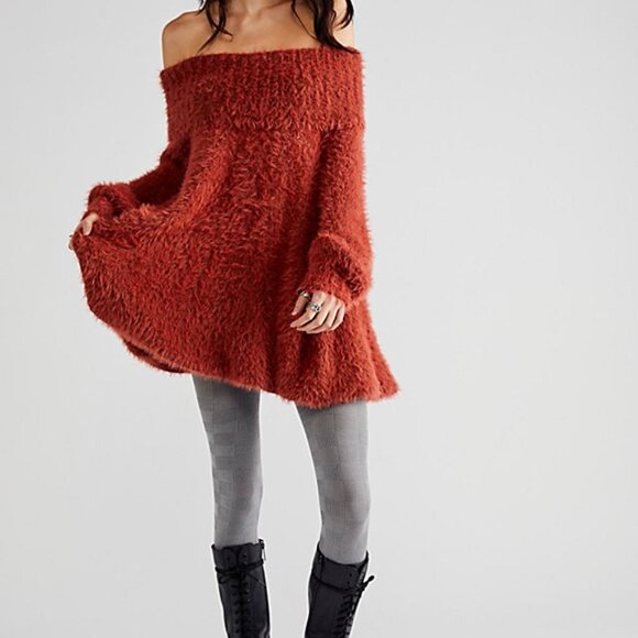 Free People S Sweater Mini Dress "Mallow" Terracotta FUZZY - Picture 4 of 9